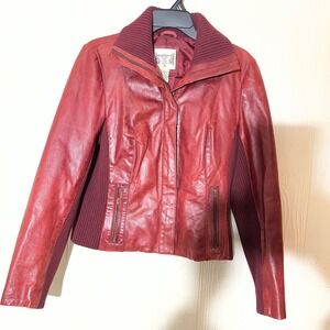 RuffHewn Womens Red Leather Mixed Media Ribbed Knit Zip Up Jacket Medium RN69016